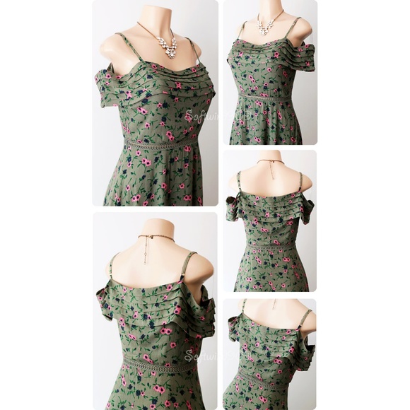 Last☝️Olive Floral Pleated Off Shoulder Cute Dress - Picture 3 of 7